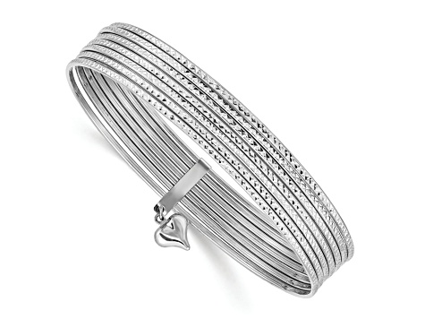 Rhodium Over 14k White Gold Textured Oversized Set of 7 Slip-on Bangles with Dangle Heart
