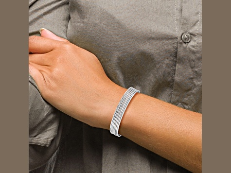 Rhodium Over 14k White Gold Textured Oversized Set of 7 Slip-on Bangles with Dangle Heart