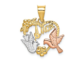 14k Two-tone Gold with Rhodium Over 14k Yellow Gold Textured AMOR Heart with Doves Charm