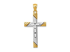 14k Yellow Gold and Rhodium Over 14k Yellow Gold Textured Cross Pendant