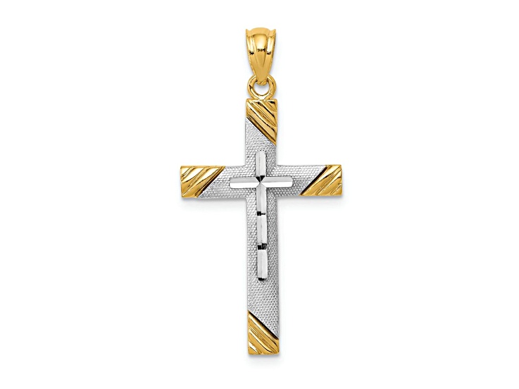 14k Yellow Gold and Rhodium Over 14k Yellow Gold Textured Cross Pendant