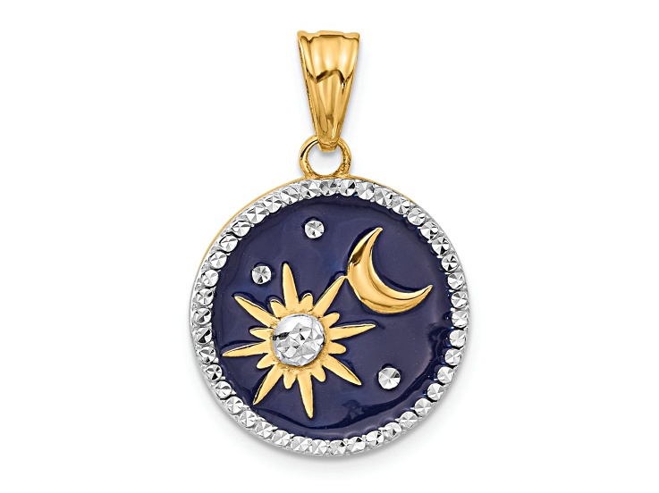 14k Two-tone Gold Diamond-Cut Enameled Sun and Moon Pendant