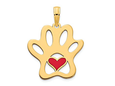 14K Yellow Gold Epoxy Paw Print with Heart Pendant