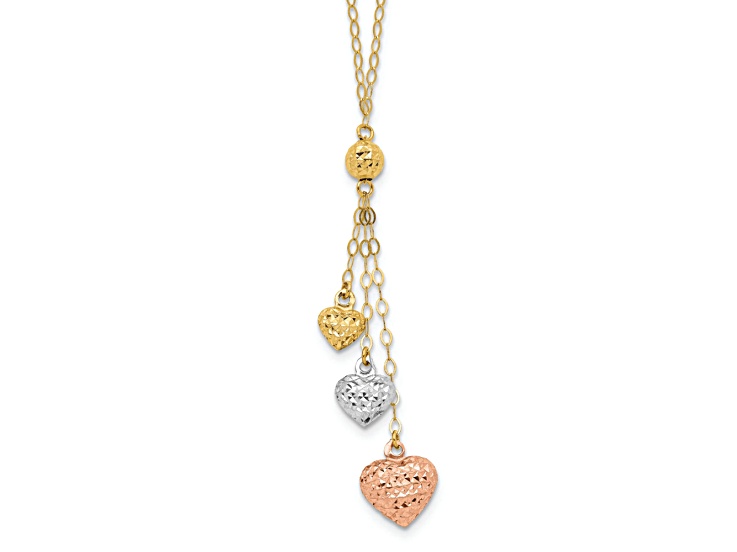 14K Tri-color Puff Heart Lariat with 2-inch Extension Necklace