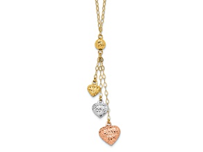 14K Tri-color Puff Heart Lariat with 2-inch Extension Necklace