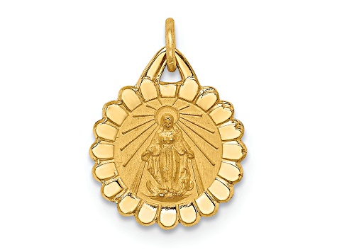 14K Yellow Gold Solid Polished and Satin Tiny Round Scalloped Miraculous Medal Pendant
