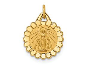 14K Yellow Gold Solid Polished and Satin Tiny Round Scalloped Miraculous Medal Pendant