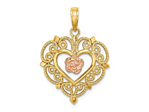 14k Two-tone Gold Textured Flower with Heart Charm