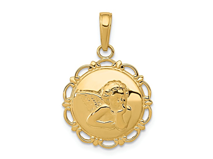 10K Yellow Gold Polished Angel Cherub on Round Scallop Frame Pendant