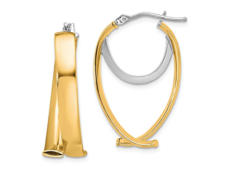 14K Two-tone Gold 1 1/8 inch Polished Fancy Hoop Earrings