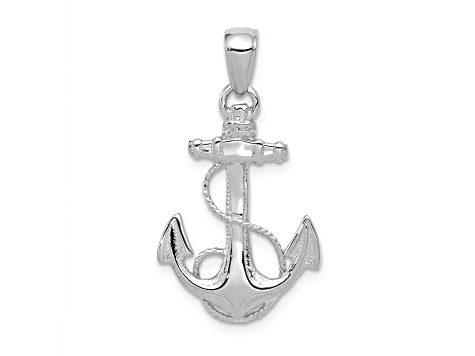 Rhodium Over 14k White Gold Solid Polished and Textured Anchor Pendant
