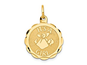 14k Yellow Gold Diamond-Cut and Satin It’s a Girl Scalloped Disc Charm