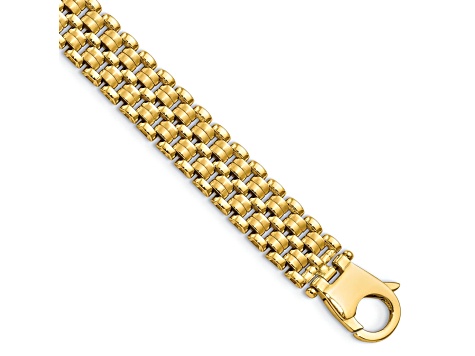 14k Yellow Gold 8.54mm Brushed and Polished Basket Weave Pattern Link Bracelet