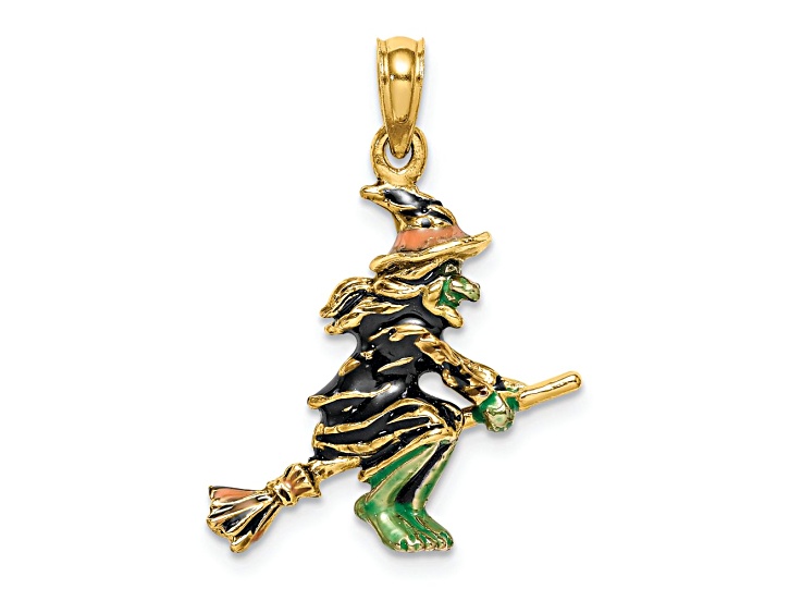 14k Yellow Gold 3D Enameled Witch Flying on Broom Charm