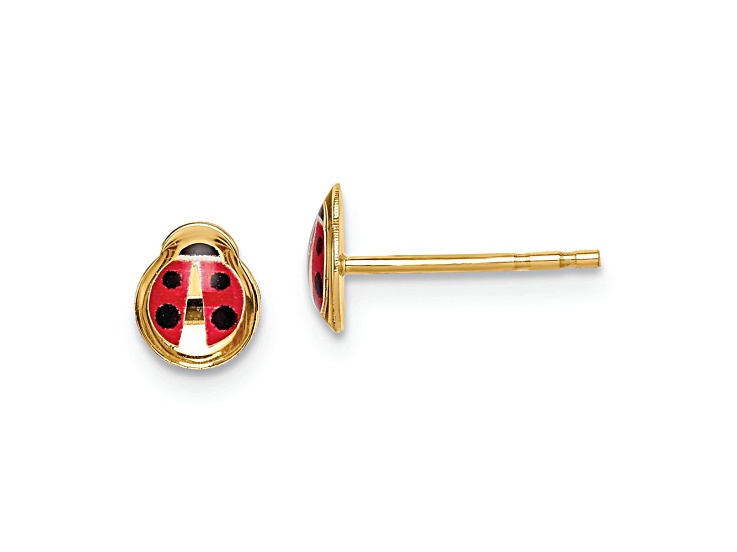 14k Yellow Gold Children's Red and Black Enamel Ladybug Stud Earrings
