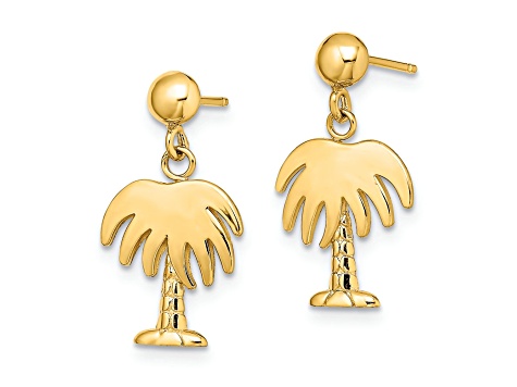14k Yellow Gold Textured Charleston Palm Tree Dangle Earrings