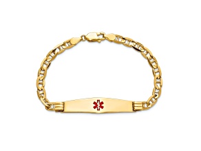 14k Yellow Gold Medical Soft Diamond Shape Red Enamel Mariner Link ID Bracelet