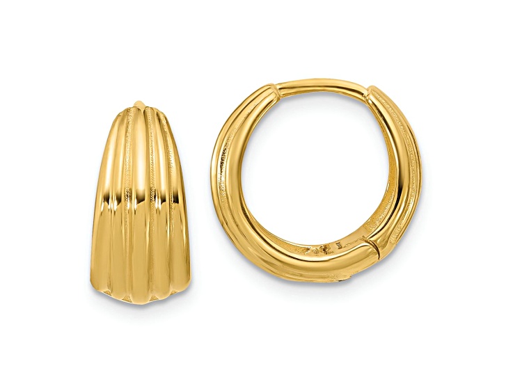 14k Yellow Gold 9/16 inch Polished and Grooved Round Huggie Hoop Earrings