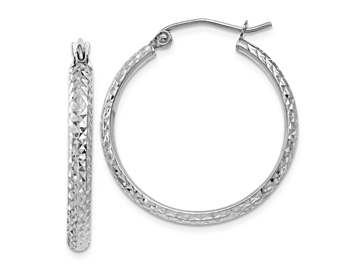 Rhodium Over 14k White Gold 1/1" Diamond-Cut Hoop Earrings