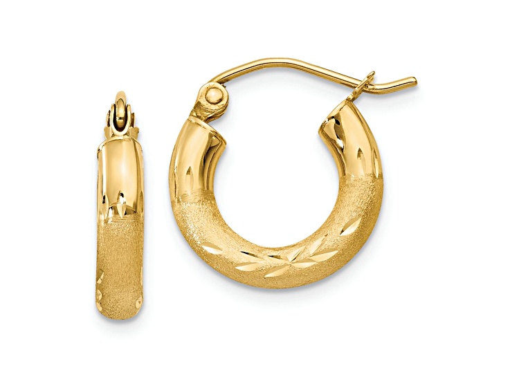 10k Yellow Gold Satin and Diamond-Cut 9/16" Round Hoop Earrings