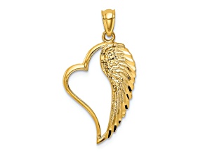14k Yellow Gold Polished Textured Diamond-Cut Heart and Wing Pendant