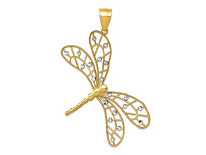 14k Two-tone Gold Polished Diamond-Cut Filigree Dragonfly Pendant