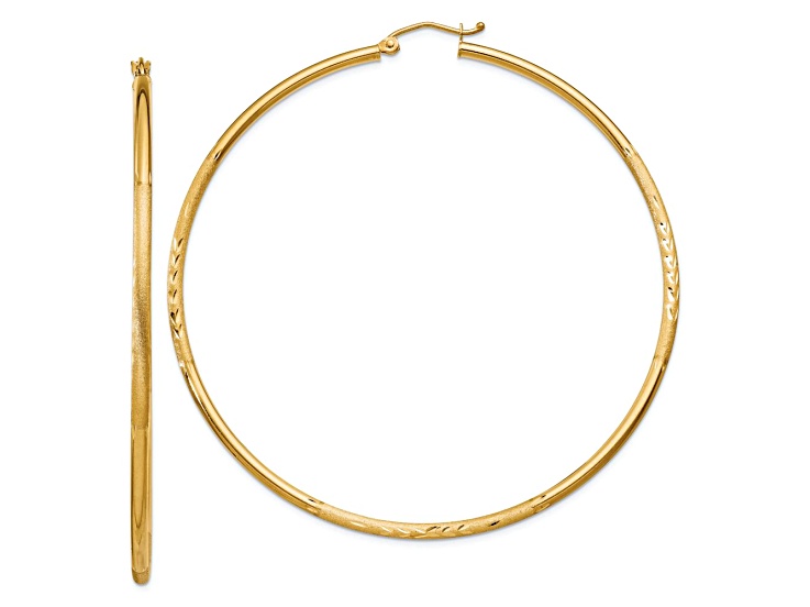 10k Yellow Gold Satin and Diamond-Cut 2 9/16" Round Tube Hoop Earrings