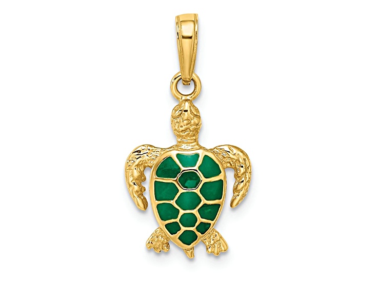 14k Yellow Gold Polished and Textured Green Enameled Sea Turtle Pendant