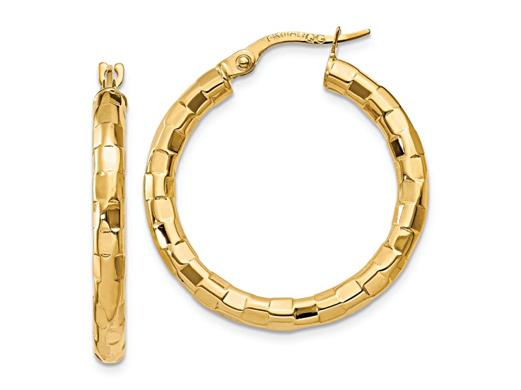 14k Yellow Gold Polished and Textured 1 1/16" Hoop Earrings