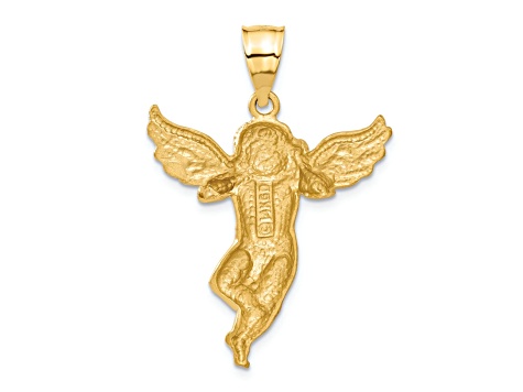 14k Yellow Gold Satin and Diamond-Cut Angel Pendant