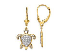 14K Yellow Gold and Rhodium Over 14K Yellow Gold Diamond-Cut Filigree Turtle Dangle Earrings