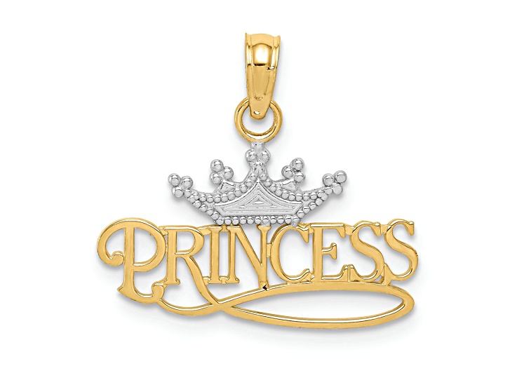 10K Yellow Gold and Rhodium Over 10K Yellow Gold Textured Princess with White Crown Charm
