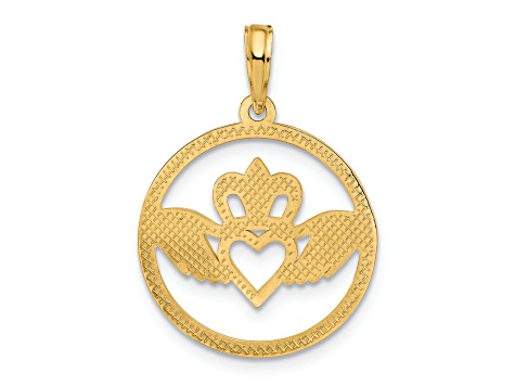 14k Yellow Gold Textured Claddagh Circle Pendant