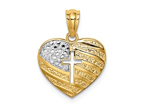 Rhodium Over 14K Two-tone Gold with Rhodium US Flag With Cross Heart Pendant