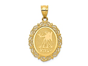 14k Yellow Gold Solid Satin, Polished and Textured Virgo Zodiac Oval Pendant