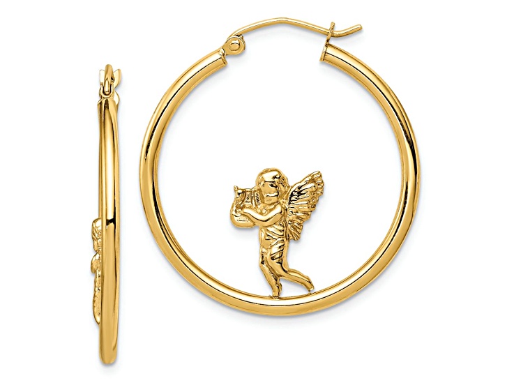 14k Yellow Gold with Angel 1 3/16" Hoop Earrings