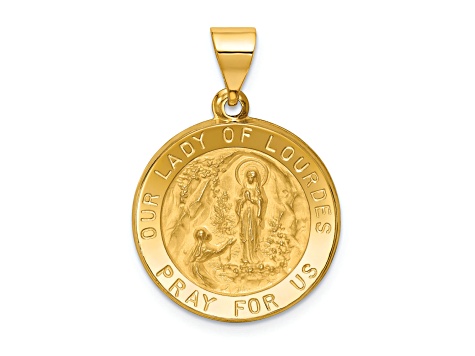 14K Yellow Gold Polished and Satin Our Lady of Lourdes Medal Hollow Pendant