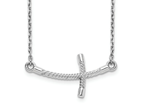 Rhodium Over 14K White Gold Large Sideways Curved Twist Cross Necklace