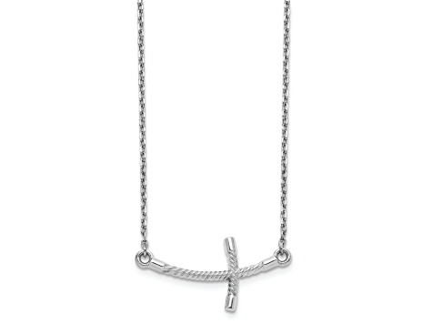Rhodium Over 14K White Gold Large Sideways Curved Twist Cross Necklace