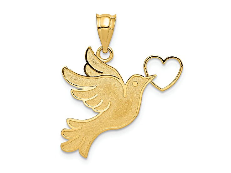 14k Yellow Gold Brushed Dove with Heart Pendant