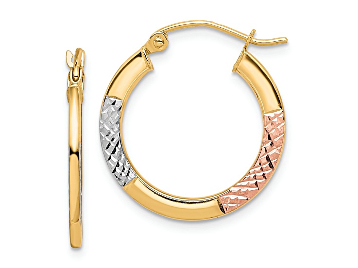 10k Yellow Gold and Rhodium Over 10k Yellow Gold Diamond-Cut 13/16" Hoop Earrings