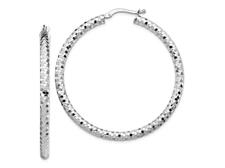 Rhodium Over 14k White Gold 1 3/4" Diamond-Cut Hoop Earrings
