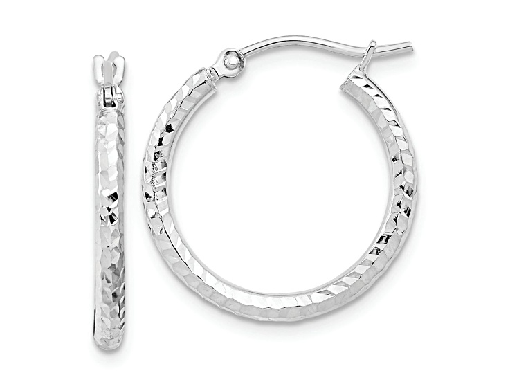 Rhodium Over 10k White Gold 13/16" Diamond-Cut Round Tube Hoop Earrings