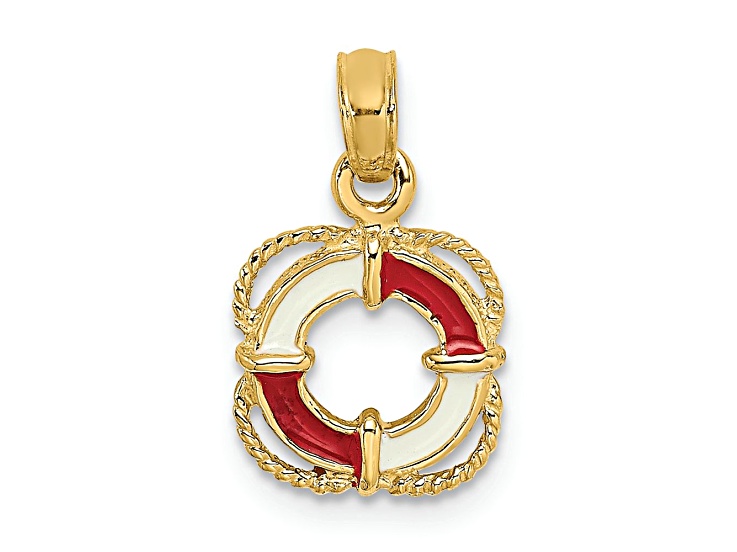 14k Yellow Gold Textured Red and White Enameled Lifesaver Ring Charm