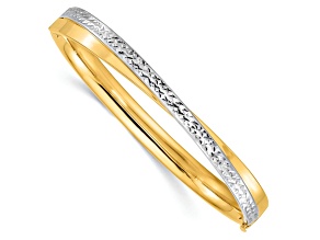 14k Yellow Gold and Rhodium Over 14k Yellow Gold 7.4mm Diamond-Cut Bypass Hinged Bangle