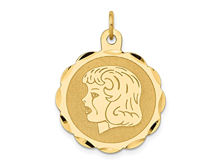 14k Yellow Gold Satin Girl Head on 0.011 Gauge Scalloped Disc Charm