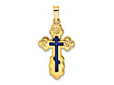 14K Yellow Gold Polished Eastern Orthodox Blue Enamel Solid Cross Pendant