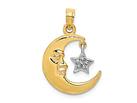 14k Two-tone Gold  Polished and Textured Moveable Half Moon and Star Pendant