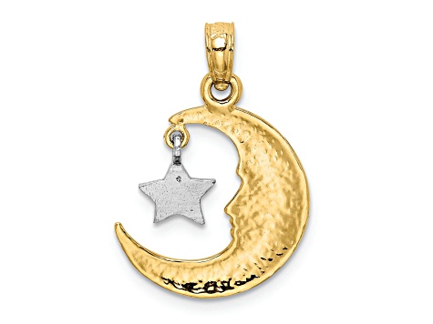 14k Two-tone Gold  Polished and Textured Moveable Half Moon and Star Pendant
