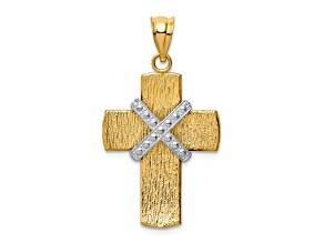 14k Yellow Gold and 14k White Gold Diamond-Cut and Textured Cross Pendant
